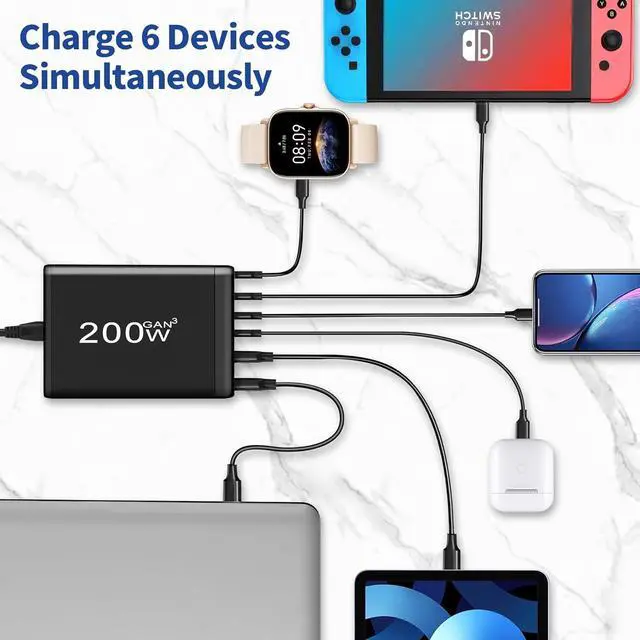 Alt view image 2 of 7 - ESTONE 6 Port USB C Charger, 200W GaN, iPad Charging Station Hub, PD3.0 QC3.0 Fast Compact for MacBook Pro/Air, iPad Pro, Galaxy S23, Dell XPS 13, Note 20/10+, iPhone 15/14/Pro
