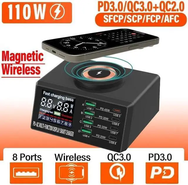 Main image of 110W Magnetic Charging Station, QC3.0 PD45W Wireless Fast Charging Dock with Digital Display, 8 Ports Multiple Devices Charging Hub for Mobile Phones Tablets