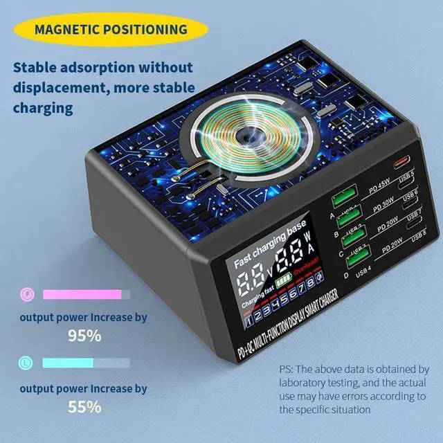 Alt view image 6 of 7 - 110W Magnetic Charging Station, QC3.0 PD45W Wireless Fast Charging Dock with Digital Display, 8 Ports Multiple Devices Charging Hub for Mobile Phones Tablets