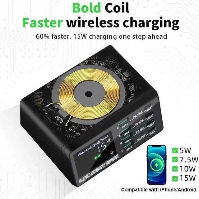 Alt view image 5 of 7 - ESTONE 9-in-1 USB C Charging Station(110W Max), Wireless Magnetic Fast Desk Charger Adapter, 4 USB-A, 4 USB-C, LCD Display Charging for Mobile Phones, Tablets Smartphones, Home Office Use
