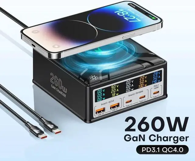 Main image of ESTONE GaN Charging Station for Multiple Devices, 260W 5-Ports Include 3USB-C + 2QC3.0 Ports + Wireless Fast Charging for Apple, Fit for all Mobile Phones Brand