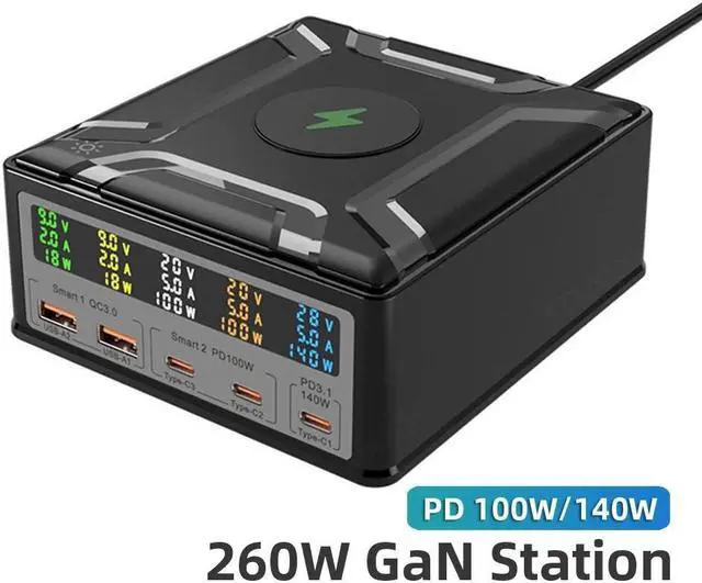 Main image of ESTONE 6-in-1 GaN USB C Charging Station(260W Max), 15W Wireless Magnetic Fast Desk Charger Adapter, 2 USB-A, 3 USB-C, LCD Display Charging for Mobile Phones, Tablets, Home Office