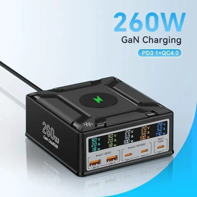 Main image of ESTONE 260W GaN Charging Station for Multiple Devices, 260W 5 Port USB Fast Charging Station with Wireless Fast Charging, Compatible with iPhone, iPad, Tablets and Cell Phone