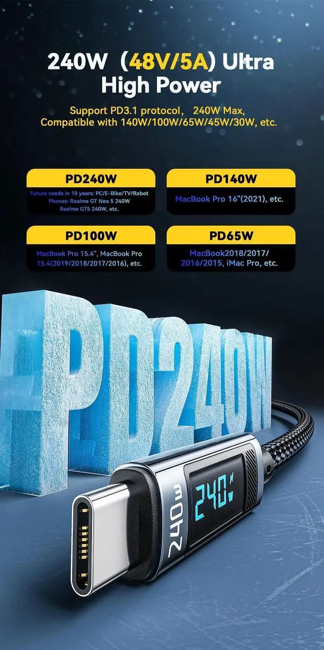 Alt view image 2 of 7 - ESTONE USB-C to USB-C Cable with LED Display, Cable 240W 3.3ft 1-Pcs, Type C Charging Cable Fast Charge for MacBook Pro 2020, iPad Pro 2020, iPad Air 4, iPad Mini 6, Galaxy S21, Pixel, Switch