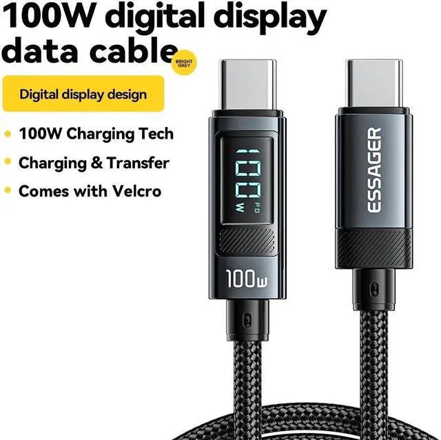 Main image of ESTONE USB-C to USB-C Cable with LED Display, Cable 100W 6.6ft 1-Pcs, Type C Charging Cable Fast Charge for MacBook Pro 2020, iPad Pro 2020, iPad Air 4, iPad Mini 6, Galaxy S21, Pixel, Switch