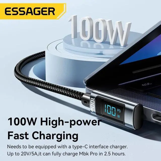 Alt view image 3 of 8 - ESTONE 100W Right Angle USBC to USBC Cable with LED Display 2 Pack 6.6ft, Type C to Type C Cable, USB C Charger Cable Fast Charging Compatible with MacBook Air/Pro, iPad Pro 12.9/11/Air/Mini, Samsung