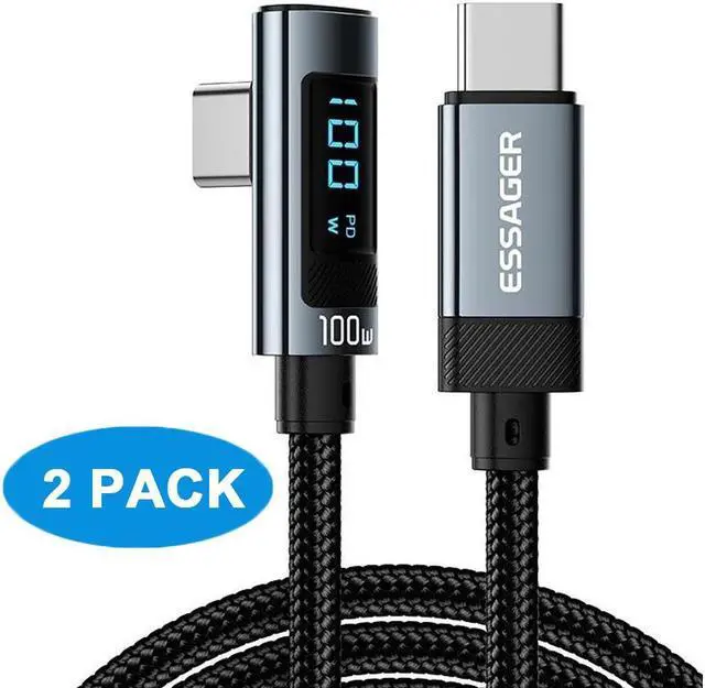 Main image of ESTONE 100W Right Angle USBC to USBC Cable with LED Display 2 Pack 6.6ft, Type C to Type C Cable, USB C Charger Cable Fast Charging Compatible with MacBook Air/Pro, iPad Pro 12.9/11/Air/Mini, Samsung