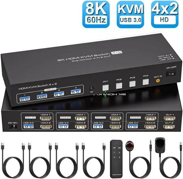 Main image of ESTONE 8K@60Hz HDMI Dual Monitor kvm Switch 2 Monitors 4 Computers 4K@120Hz USB 3.0 Extended Display KVM switcher with 4 USB3.0 Ports Wired Controller