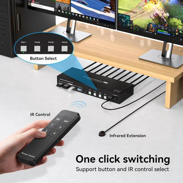 Alt view image 6 of 7 - ESTONE Dual Monitor HDMI KVM Switch HDMI 2 Port 8K@60Hz, USB HDMI Extended Display Switcher for 4 Computers Share 2 Monitors and 4 USB 3.0 Hub