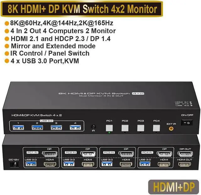 Main image of ESTONE HDMI+DisplayPort Dual Monitor KVM Switch 2 Monitors 4 Computers 8K@60Hz USB 3.0 KVM Switches for 4 PC or Laptops Share Dual Monitor and 1 Set of Keyboard Mouse Printer and Scanner