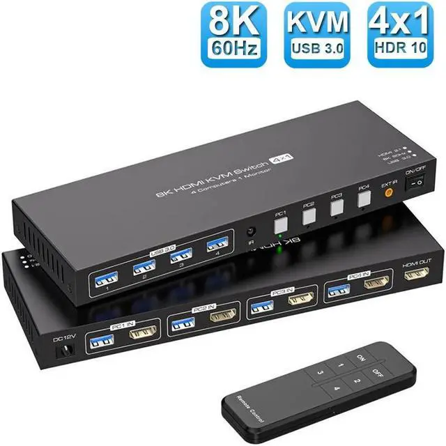 Main image of ESTONE 8K HDMI KVM Switch HDMI for 4 Computers Share 1 Monitor USB 3.0 Switches PC Support 8K@60Hz 4K@144Hz 4 USB Devices Such as Keyboard Mouse Printer with Desktop Wired Controller and 4 USB Cables