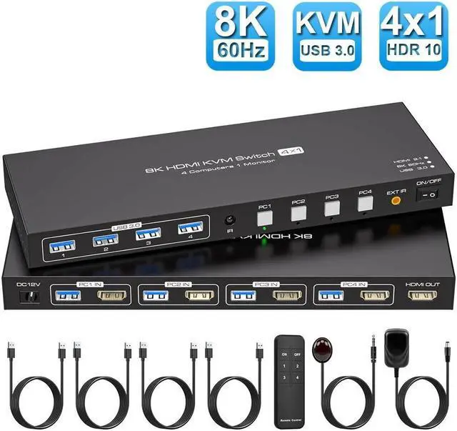 Main image of ESTONE 4 Port HDMI 4x1 HDMI KVM Switcher Switch HDMI 2.1 8K@60Hz Supports 4 Ports USB 3.0 Devices Control up to 4 HDMI Port Device with Wired Controller