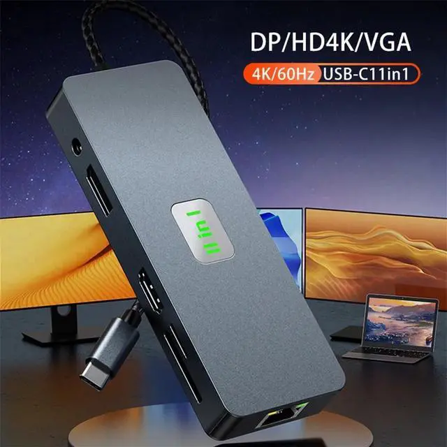 Main image of ESTONE 11 in 1 Triple Monitor USB C Docking Station, USB C Laptop Docking Station Triple Monitor (4K60 HDMI + 4K60 DP + VGA, Gigabit Ethernet, Audio, and 3 x 10Gbps USB3.2 Ports)-Grey