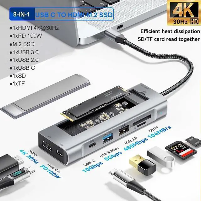 Main image of ESTONE USB C Docking Station with M.2 NVMe/SATA SSD Card Reader, 8 in 1 USB C Hub with 4K HDMI, 10Gbps USB C, 100W PD, 10Gbps USB3.2 Ports,USB-A, SD/TF Card Reader for Type-C Laptops