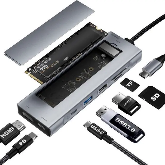 Main image of ESTONE 8-in-1 USB C Docking Station with USB-C to M.2 NVMe/SATA SSD Enclosure 10Gbps, 4K HDMI, 10Gbps USB 3.2,USB-A, 10Gbps USB C, 100W PD, SD/TF Card Reader for MacBook/USB-C Laptop