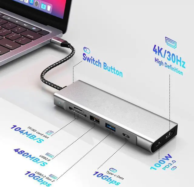 Alt view image 2 of 7 - ESTONE 8-in-1 USB C Docking Station with USB-C to M.2 NVMe/SATA SSD Enclosure 10Gbps, 4K HDMI, 10Gbps USB 3.2,USB-A, 10Gbps USB C, 100W PD, SD/TF Card Reader for MacBook/USB-C Laptop