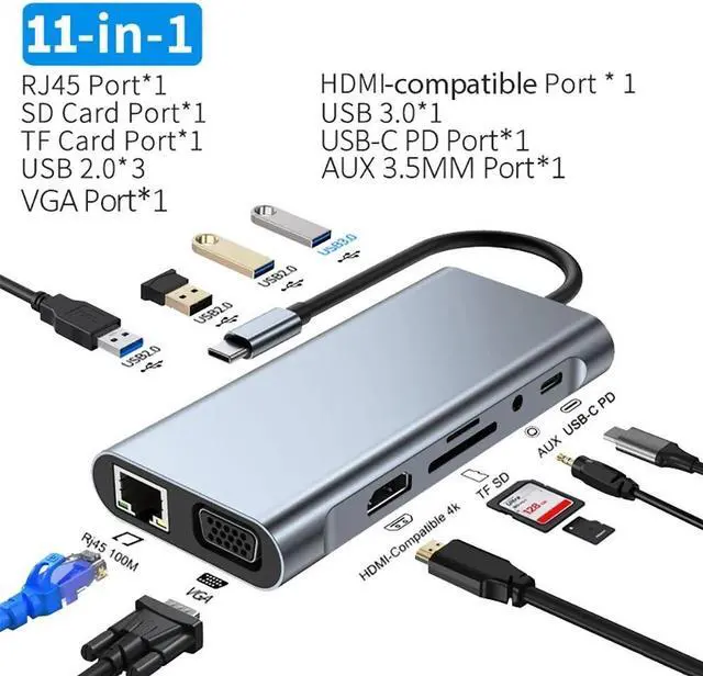Main image of ESTONE 11-Ports USB C Hub, USB Hub to Multiport USB C Dongle Adapter 11 in 1 with 4K HDMI, VGA, RJ45, USB 3.0, 3*USB 2.0 Ports, 100W USB-C PD, 3.5mm Aux Ports, TF/SD for MacBook Pro and More Devices
