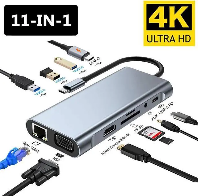 Main image of ESTONE 11-in-1 USB Hub 4K HDMI, VGA, Gigabit, USB-C, 3*USB 3.0 Ports, 100W USB-C PD, 3.5mm Aux Ports, TF/SD for Versatile Connectivity USB C Hub Multiport Adapter for MacBook Pro & Air M1 M2