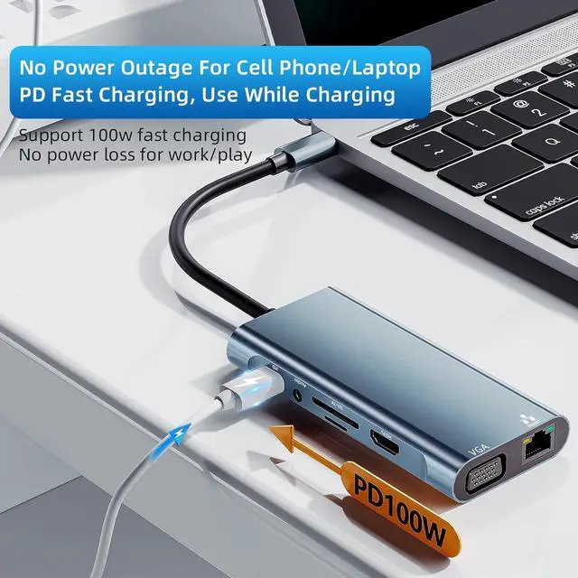 Alt view image 4 of 7 - ESTONE USB-C Hub for Laptop 11 in 1 USB C Dongle 4K HDMI, VGA, 1000M RJ45, 3*USB3.0 Port, TF/SD Card Reader,100W PD, USB-C Data Port ,3.5mm Aux Ports, for MacBook Pro/Air, iPad Pro, XPS