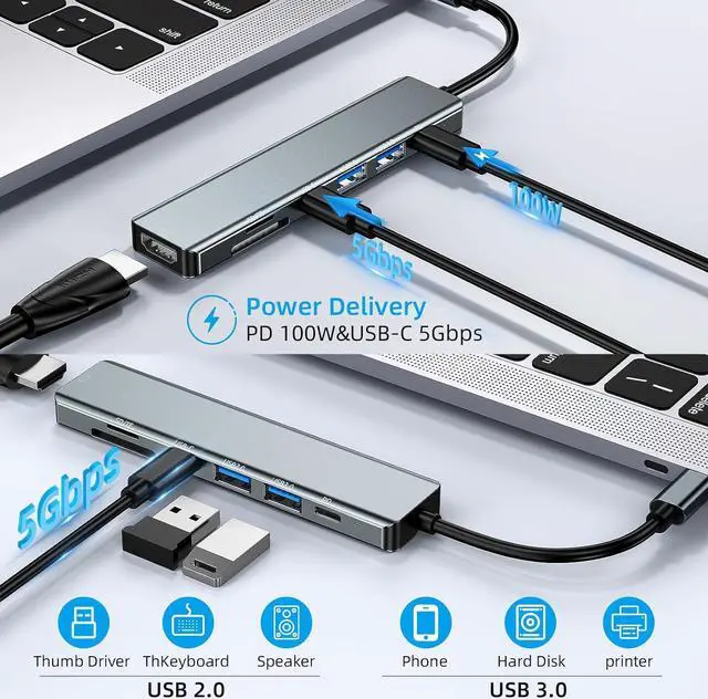 Alt view image 4 of 7 - ESTONE Aluminum 7 in 1 USB C Hub with USB 3.0, USB 2.0 Ports, 100W PD, 4K HDMI, TF/SD Card Reader, USB-C Data Ports for MacBook Pro Air and More Devices