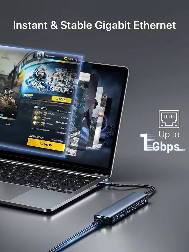 Alt view image 4 of 8 - ESTONE USB to Ethernet Adapter Gigabit | 2-Port USB3.0 Hub HDMI with 10/100/1000 Rj45 Adapter,Aluminum 7-in-1 USB-C to LAN Network Converter for Surface Pro,Chromebook and Laptop