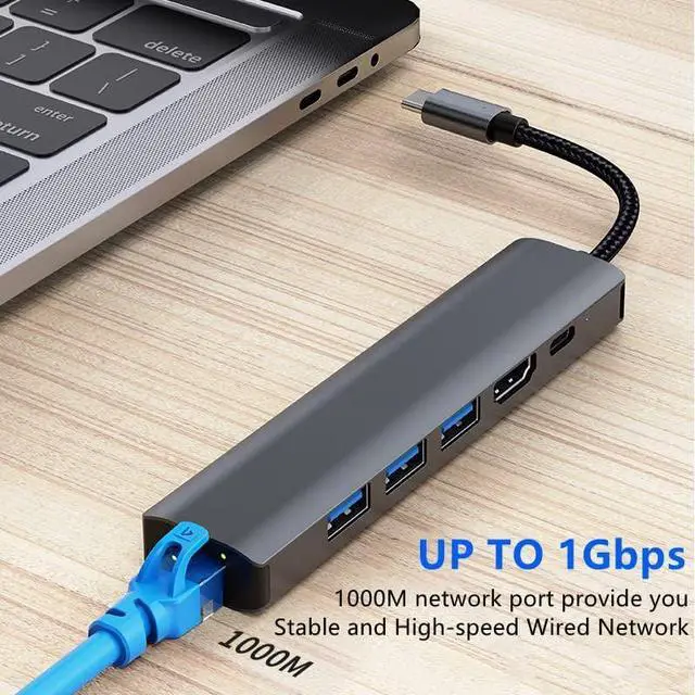 Alt view image 4 of 7 - ESTONE 6-in-1 USB C Type-C to Gigabit Ethernet Adapter, 3-Port USB 3.0 4K HDMI, 100W PD, USB-C Hub Compatible with MacBook Pro/Air 2023, iPad Pro, iMac, S23, XPS, Surface Book 3 and More