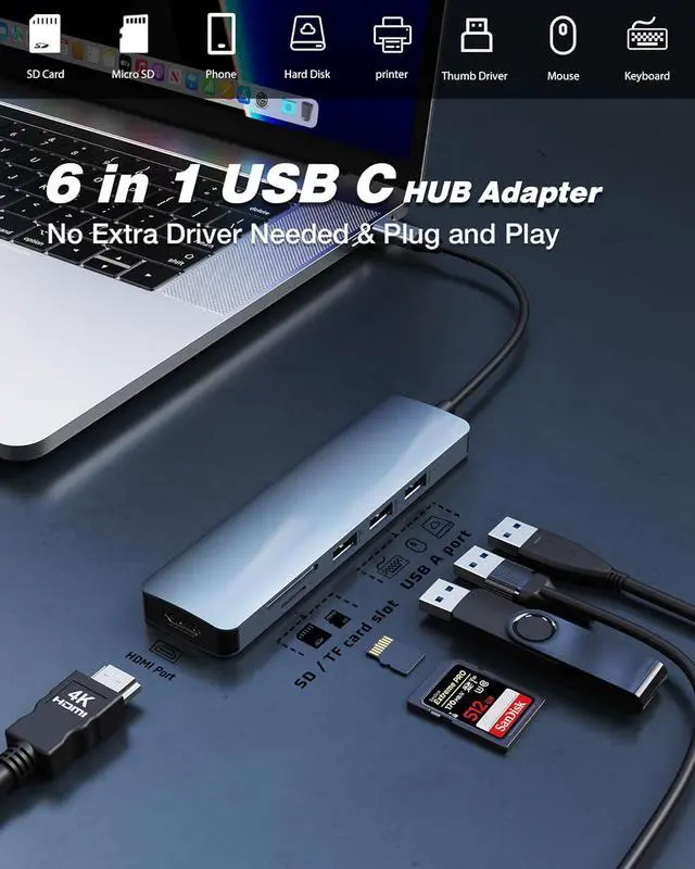 Alt view image 2 of 7 - ESTONE USB C Hub, USB C Adapter 6 in 1 Multi-port USB C to with 4K HDMI, SD/TF Card Reader, USB 3.0 and 2*USB-A 2.0, USB C Dock Compatible for MacBook and Type C Devices