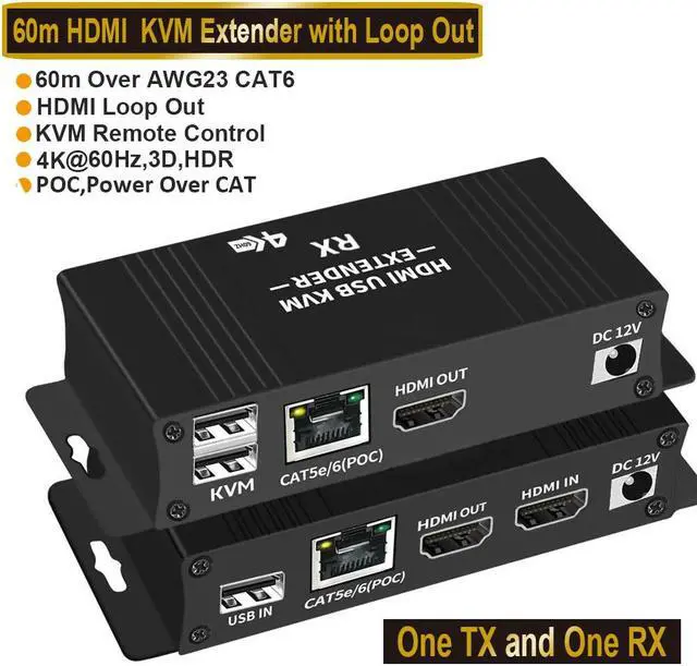 Main image of ESTONE 4K 60Hz HDMI KVM USB Extender Over Cat5e/6 196ft/60M, 2 USB 2.0 Ports, Zero-Latency, Plug and Play, No Driver, Supports All Operating System, Keyboard and Mouse USB Over Ethernet