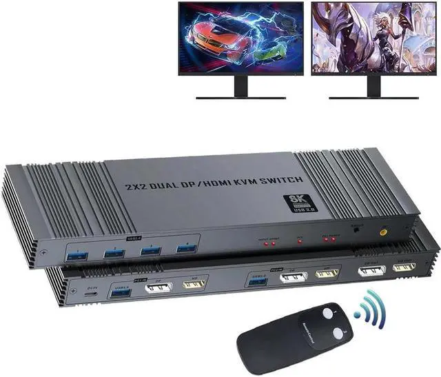 Main image of ESTONE HDMI Displayport KVM Switch 2 Monitors 2 Computers 8K@60Hz 4K@120Hz Dual Monitor USB 3.0 KVM Switches for 4 USB Devices, Wired Extension Button,12V DC Adapter and 2 USB 3.0 Cables