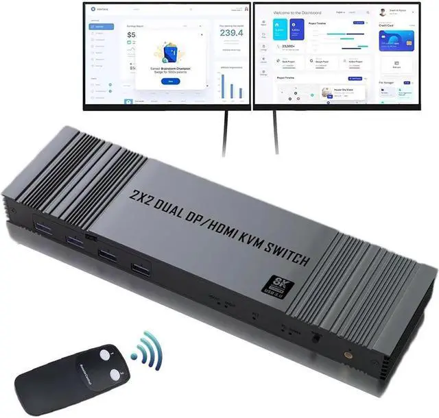 Main image of ESTONE 8K HDMI DP KVM Switch 2 Monitors 2 Computers, 4K@120Hz KVM Switches for 2 Computers Sharing 2 Monitor Keyboard Mouse Hard Drives Printer, with 2USB Cable and Controller