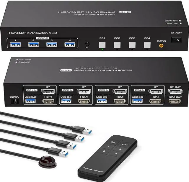 Main image of ESTONE 4K KVM Switch HDMI+DisplayPort 2 Monitors 4 Computers Support 4K@60Hz 2K@120Hz KVM Switcher PC Display Share 2 Monitors and 4 USB 3.0 Support Copy and Extend Mode