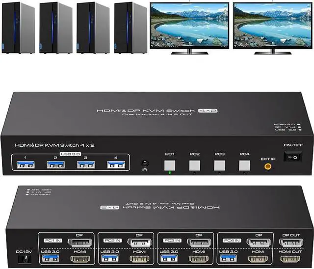 Main image of ESTONE HDMI+DisplayPort Dual Monitor KVM Switch 2 Monitors 4 Computers 4K@60Hz USB 3.0 KVM Switches for 4 PC or Laptops Share Dual Monitor and 1 Set of Keyboard Mouse Printer and Scanner