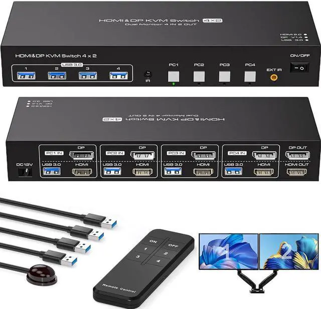 Main image of ESTONE Dual Monitor HDMI+DP KVM Switch 2 Port 4K@60Hz, USB HDMI DisplayPort Extended Display Switcher for 4 Computers Share 2 Monitors and 4 USB 3.0 Hub