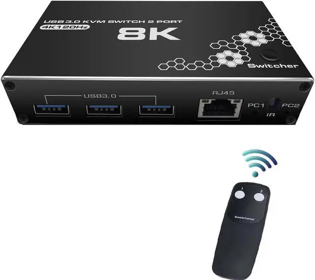 Main image of ESTONE 8K USB KVM Switch, 2 in 1 Out, UHD 4K@120Hz, 3 USB3.0 Hub, RJ45 Port, One Key Button Switch, Compatible with Most Keyboards and Mouse, 2 Computers Share 1 Monitor