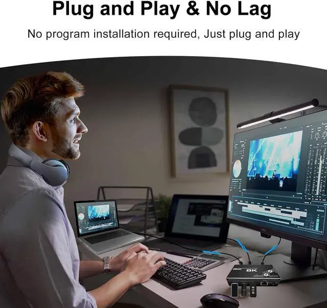 Alt view image 6 of 7 - ESTONE 8K USB KVM Switch, 2 in 1 Out, UHD 4K@120Hz, 3 USB3.0 Hub, RJ45 Port, One Key Button Switch, Compatible with Most Keyboards and Mouse, 2 Computers Share 1 Monitor