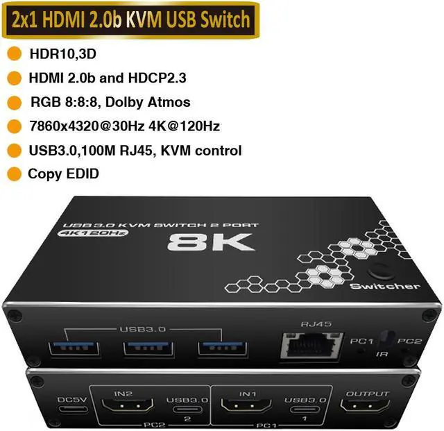 Main image of ESTONE 4K 120Hz HDMI USB Network KVM Switch 2 in 1 Out Box, with 2 Computers 1 Monitor, 2 PCs Share 3USB3.0 and RJ45 Hubs, for Mac, Windows