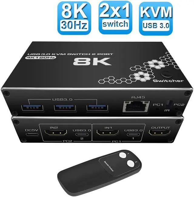 Main image of ESTONE 8K@30Hz USB HDMI RJ45 KVM Switch, 2 in 1 Out,for 2PC Share 1 Monitor and 3 USB3.0 Port Support 4K@120Hz, HDMI2.0b, HDCP2.3 RGB:8:8:8 ,One-button Switch and Remote