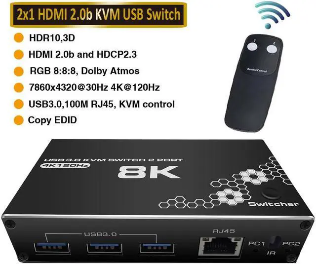 Main image of ESTONE 4K HDMI USB Switch 2 in 1 Out HDMI Switcher 3USB3.0 Port Support 8K 30Hz 4K 120Hz HDCP 2.3 Ultra HD 3D For 2PC Share 1 Monitor and 3 USB3.0 Port and RJ45 Port for Keyboard, Mouse, Printer