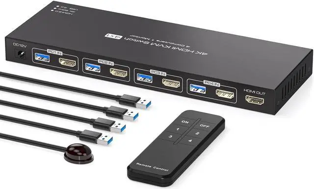 Main image of ESTONE 4 Port HDMI 4x1 HDMI KVM Switcher Switch HDMI 2.0 4K@60Hz Supports 4 Ports USB 3.0 Devices Control up to 4 HDMI Port Device with Wired Controller