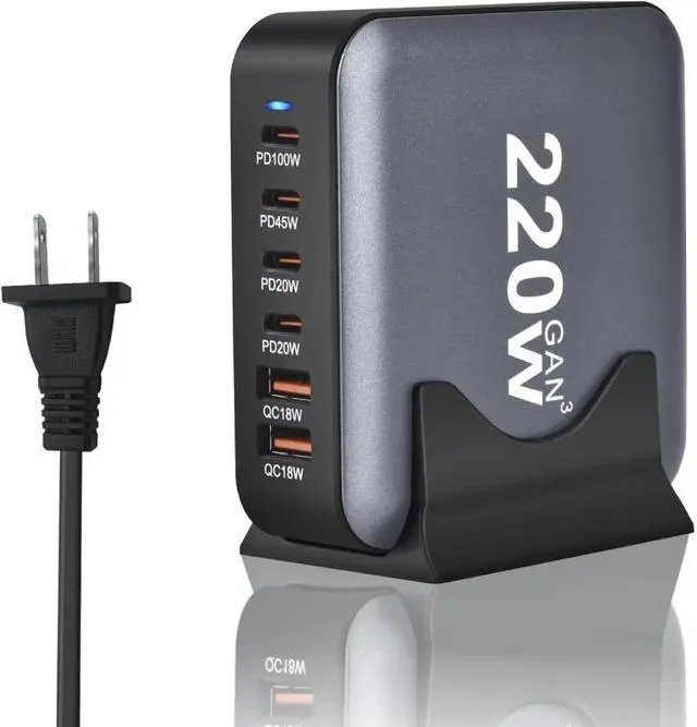 Main image of ESTONE 6-Port USB Type C Charger, 220W Fast Desk Charger, QC3.0 PD3.0 Type C Charging Block Travel GaN Charger Adapter for iPhone Pro, Samsung, MacBook Pro/Air, iPad, Laptops, XPS