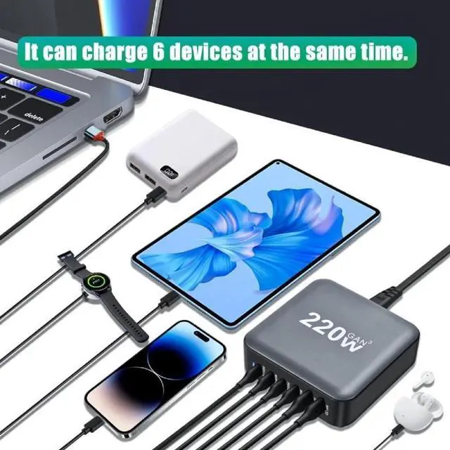 Alt view image 3 of 7 - ESTONE 6-Port USB Type C Charger, 220W Fast Desk Charger, QC3.0 PD3.0 Type C Charging Block Travel GaN Charger Adapter for iPhone Pro, Samsung, MacBook Pro/Air, iPad, Laptops, XPS
