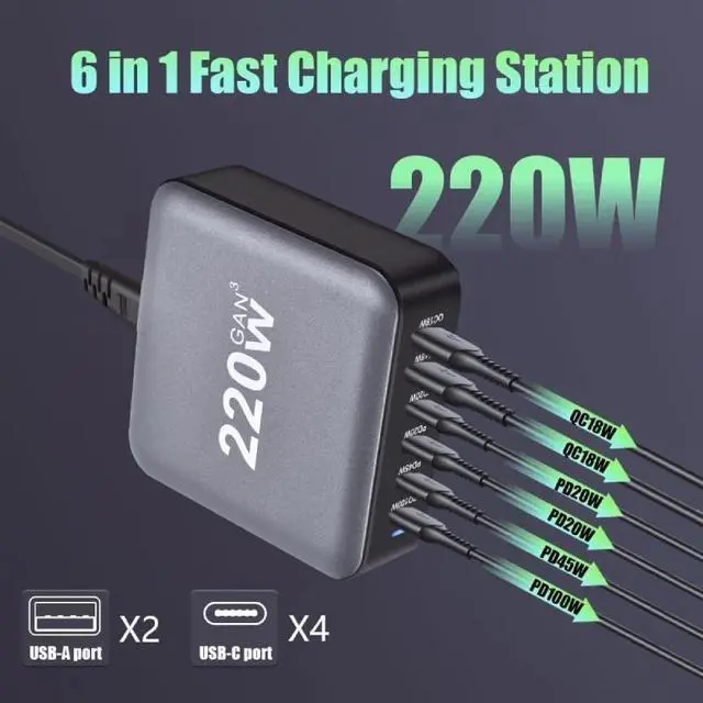 Alt view image 2 of 7 - ESTONE 6-Port USB Type C Charger, 220W Fast Desk Charger, QC3.0 PD3.0 Type C Charging Block Travel GaN Charger Adapter for iPhone Pro, Samsung, MacBook Pro/Air, iPad, Laptops, XPS