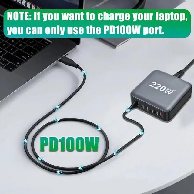 Alt view image 4 of 7 - ESTONE 6-Port USB Type C Charger, 220W Fast Desk Charger, QC3.0 PD3.0 Type C Charging Block Travel GaN Charger Adapter for iPhone Pro, Samsung, MacBook Pro/Air, iPad, Laptops, XPS