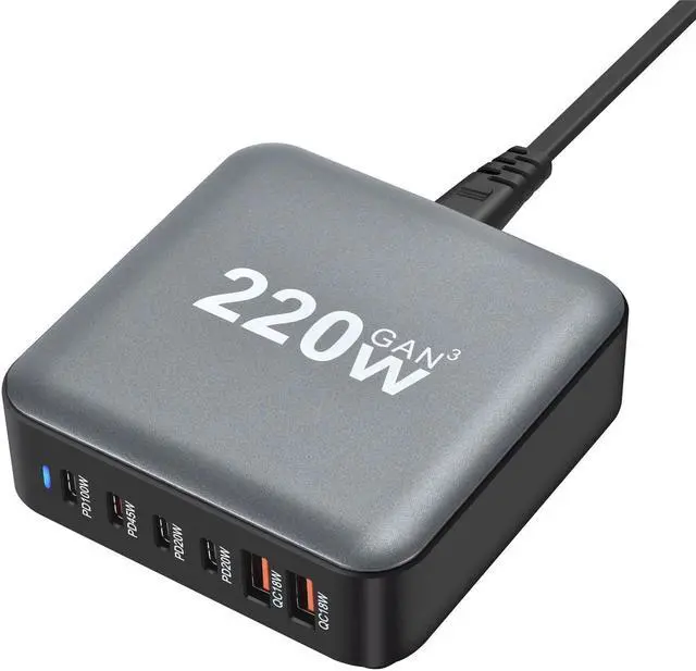 Main image of ESTONE 6 Port USB C Charger, 220W GaN, iPad Charging Station Hub, PD3.0 QC3.0 Fast Compact for MacBook Pro/Air, iPad Pro, Galaxy S23, XPS 13, Note 20/10+, iPhone 16/15/14/Pro