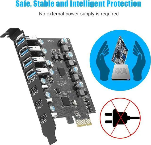 Alt view image 5 of 7 - ESTONE PCIE USB 3.0 Card 7 Ports(3X USB C - 4X USB A), PCI Expree to USB Expansion Card Super Speed 5Gbps PCI-e USB3.0 Hub Controller Adapter for Windows 11/10/8/7/XP/Vista