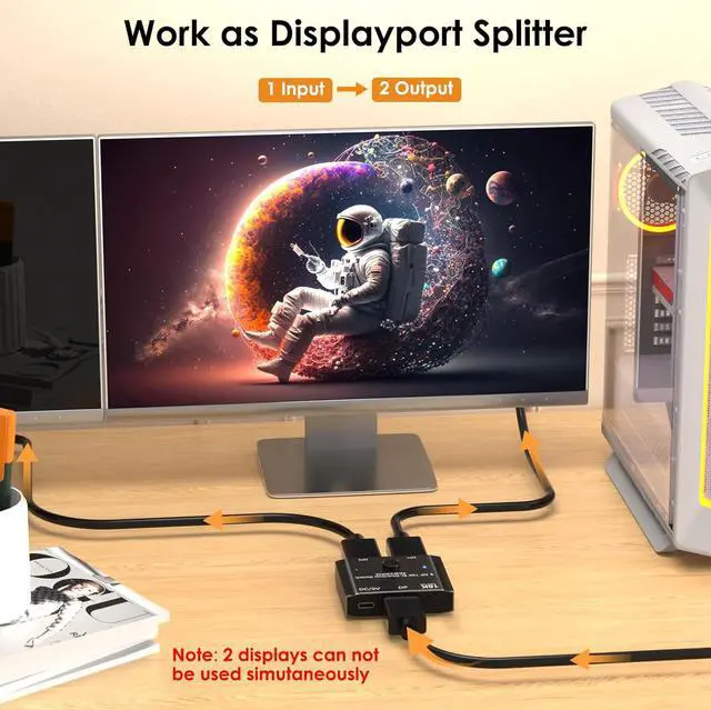 Alt view image 3 of 7 - ESTONE DisplayPort Switch 16K Splitter Bi-directional DP 2.0 Switcher 2 in 1 Out/1 in 2 Out Supports 16K@60Hz 4K@240Hz Compatible with PC Host Monitor Laptop etc (A0201)