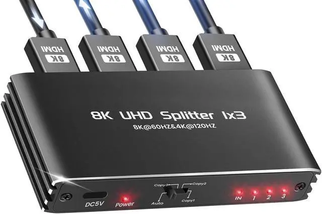 Main image of ESTONE HDMI Splitter 1 in 3 Out - 1x3 HDMI Display Duplicate/Mirror - Powered Splitter 4K 120Hz, 8K @ 60Hz (One Input To Three Outputs) - 1 Source to 3 Identical Displays