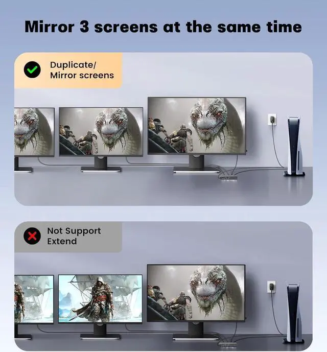 Alt view image 4 of 7 - ESTONE HDMI Splitter 1 in 3 Out - 1x3 HDMI Display Duplicate/Mirror - Powered Splitter 4K 120Hz, 8K @ 60Hz (One Input To Three Outputs) - 1 Source to 3 Identical Displays