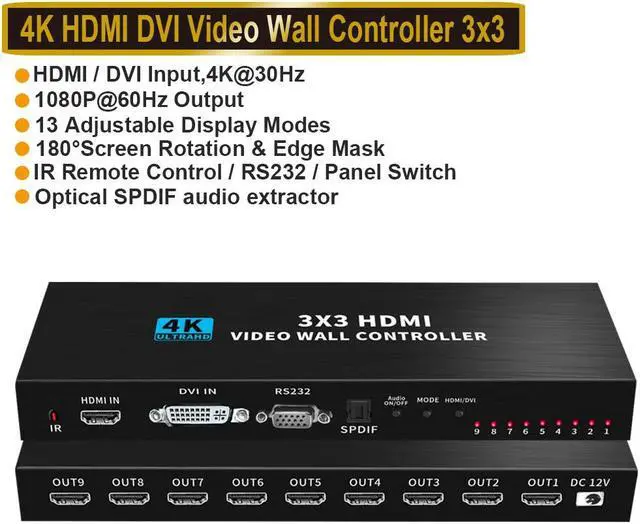 Main image of 4K 3x3 Video Wall Controller Splitter (2023Version) 13 Display Modes viewer 1 HDMI/DVI Input 9 HDMI Output TV Processor Images Stitching Video Wall Processor with RS232 Control