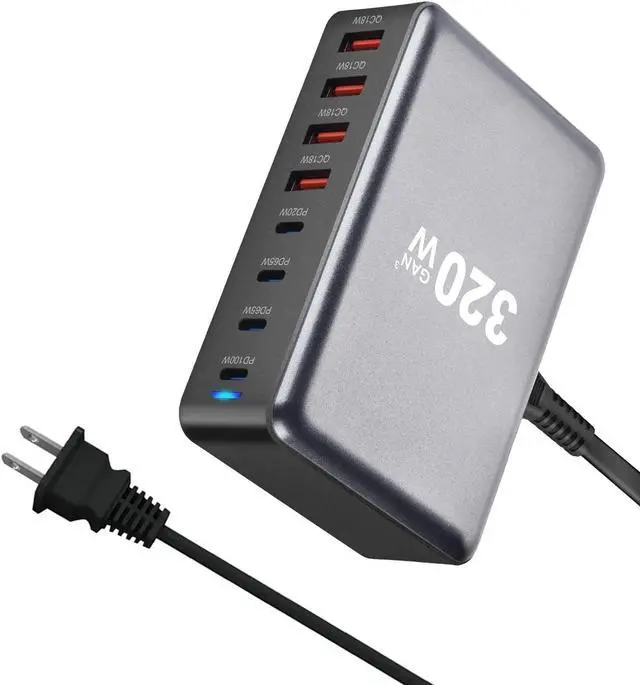 Main image of ESTONE 320W USB C Charging Station Hub, 8-Port GaN PPS Fast Travel Charger for MacBook Pro/Air, Chromebook, GalaxyBook, Pixelbook, Surface, iPad Pro, Steam Deck, and More